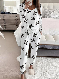 HALLIE™ - Bow Print V-Neck Long Sleeve Top & Tie Waist Pants Set