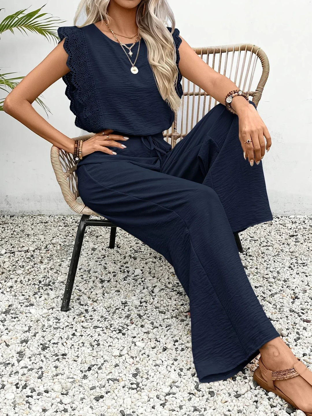 Zella™ Ensemble Élégant en Deux Pièces | Haut avec Dentelle et Pantalons à Jambes Amples