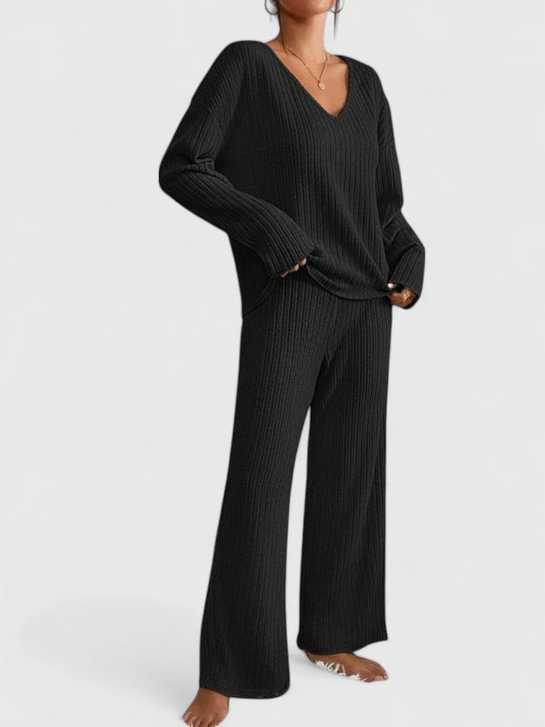 Angeline™ Ensemble Confortable | Pull Col V et Pantalon Large à Côtes