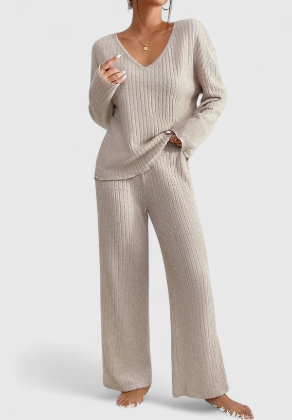 Angeline™ Ensemble Confortable | Pull Col V et Pantalon Large à Côtes