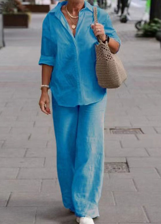 Denice™ Ensemble Élégant Décontracté en Deux Pièces | Haut Boutonné Détendu et Pantalon à Jambes Larges