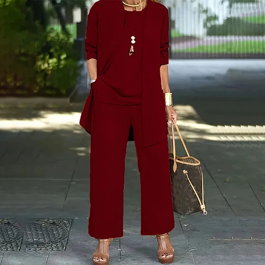 Ensemble Décontracté Élégant Laney™ en Trois Pièces | Haut Coordonné, Cardigan & Pantalon Large