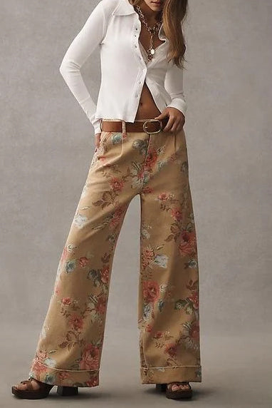 Pantalon large à taille haute floral décontracté
