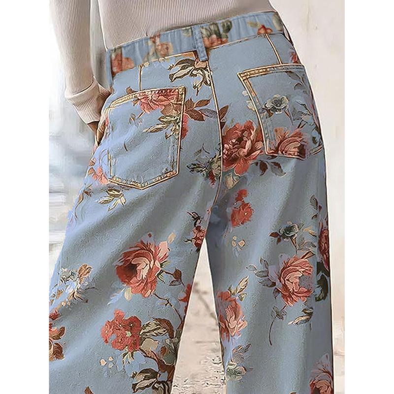 Pantalon large à taille haute floral décontracté