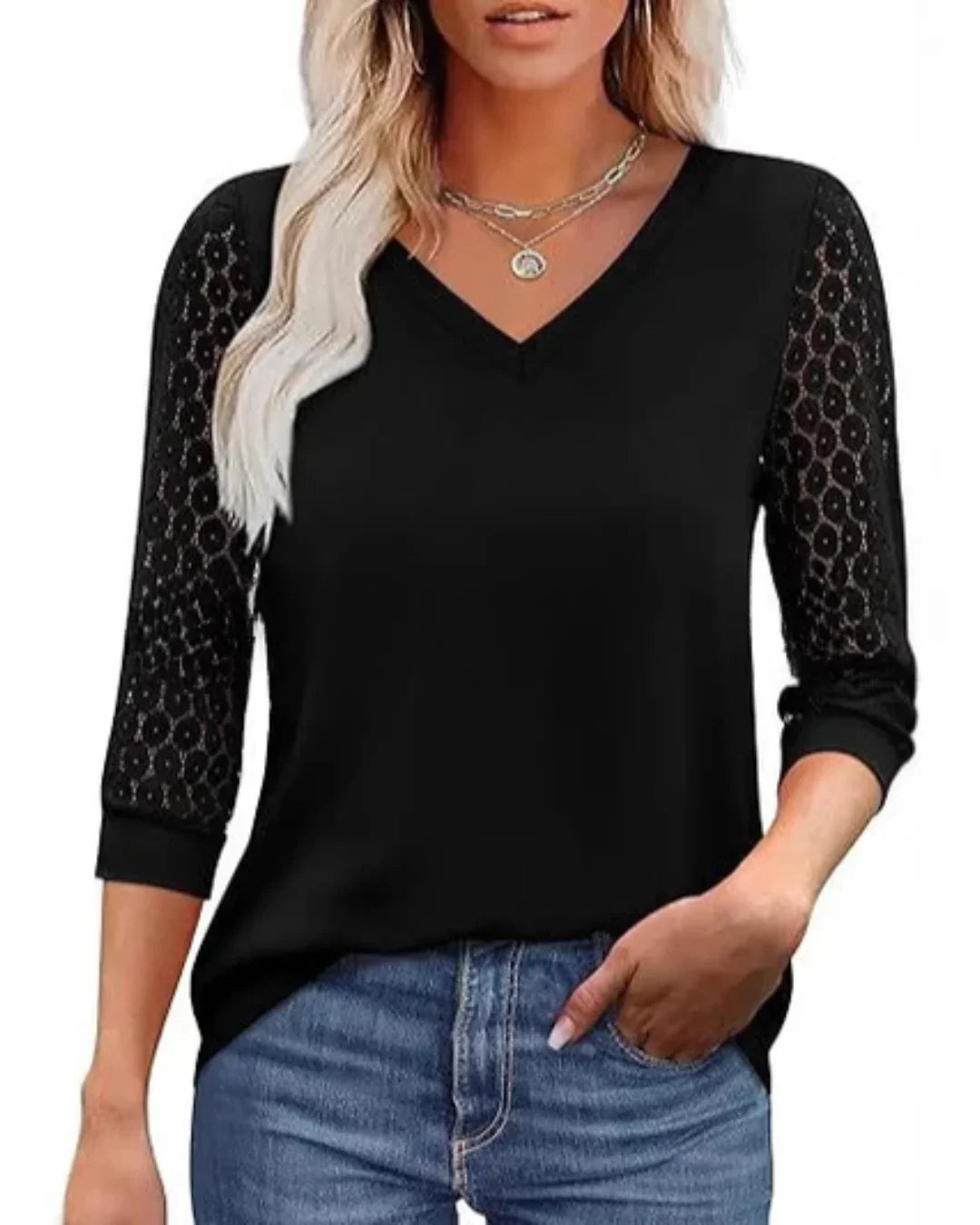 Blouse décontractée à manches en dentelle et décolleté en V
