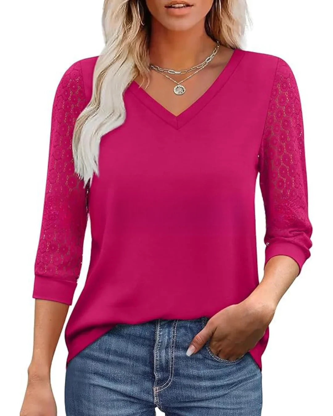 Blouse décontractée à manches en dentelle et décolleté en V