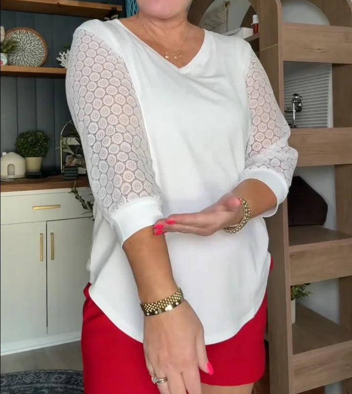 Blouse décontractée à manches en dentelle et décolleté en V