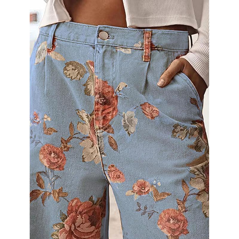 Pantalon large à taille haute floral décontracté
