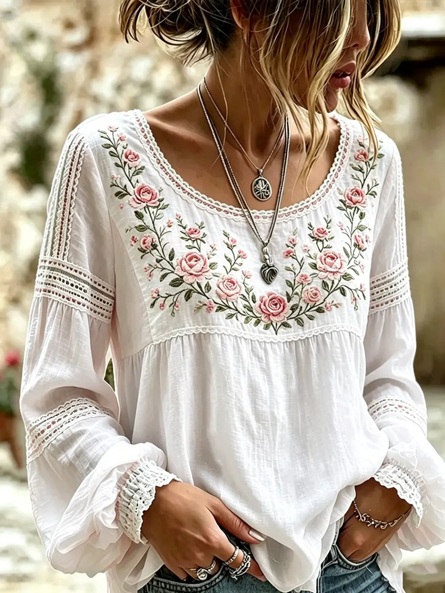 Mireille | Linen Blouse with Rose Embroidery, Square Neck & Lace Inserts