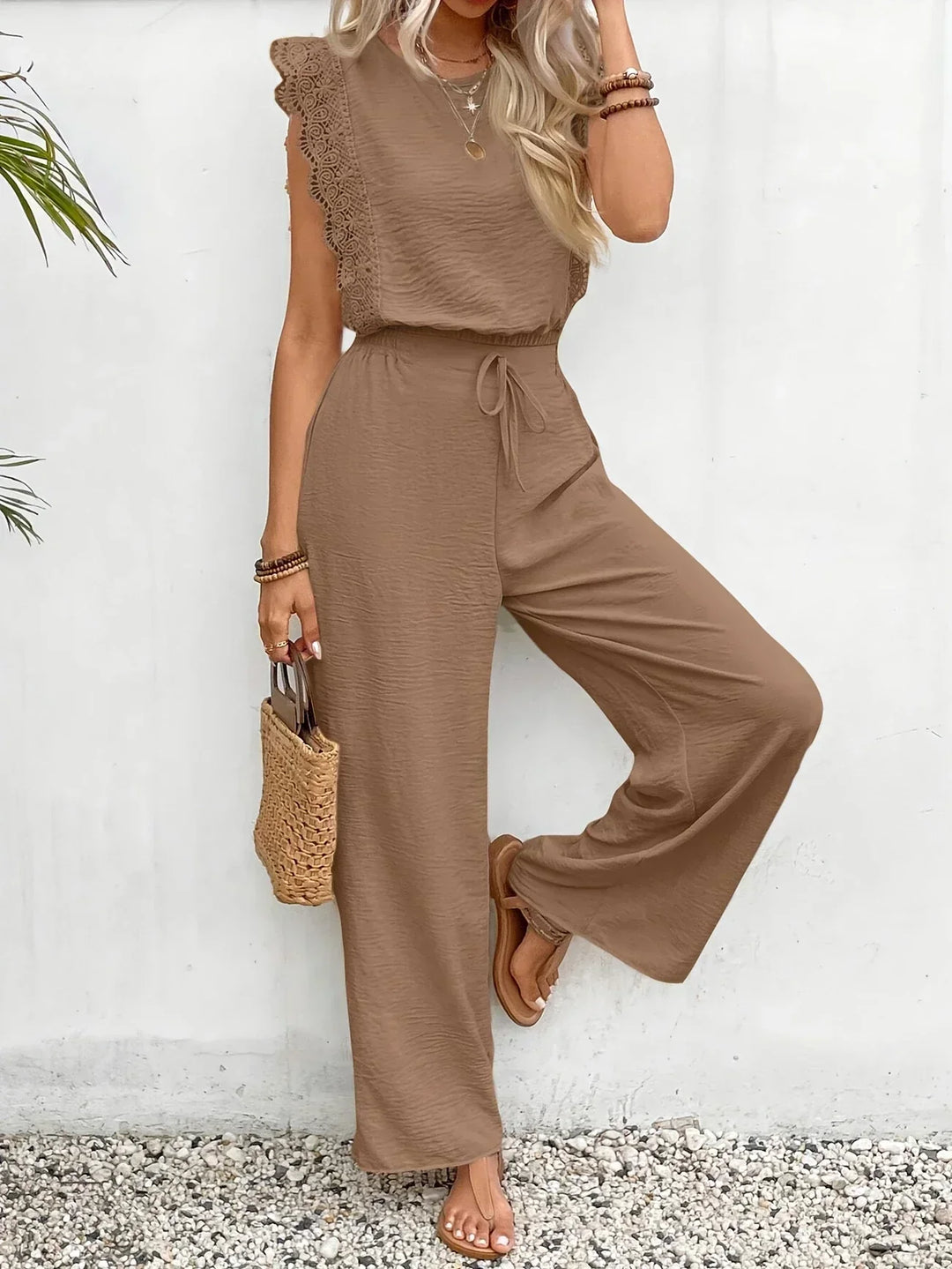 Zella™ Ensemble Élégant en Deux Pièces | Haut avec Dentelle et Pantalons à Jambes Amples