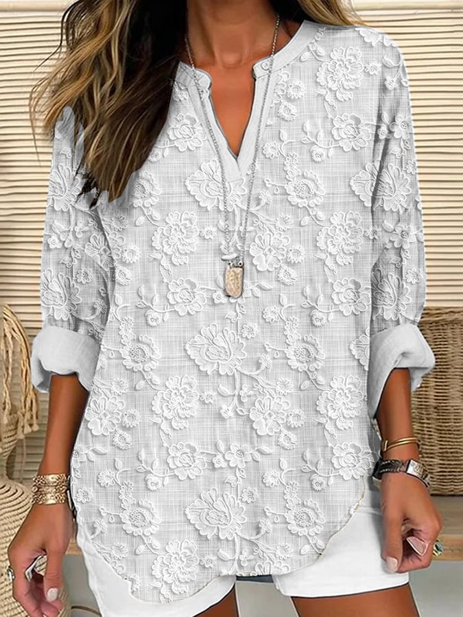 Liora | Blouse brodée fleurie – Col V élégant