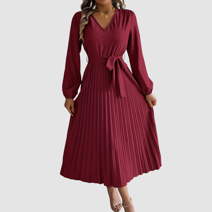 Celeste Bloom - Pleated Long-Sleeve Midi Dress