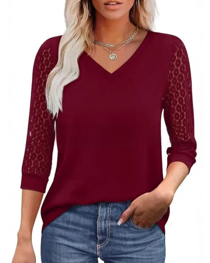 Blouse décontractée à manches en dentelle et décolleté en V
