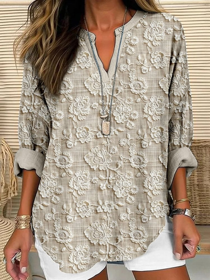 Liora | Blouse brodée fleurie – Col V élégant