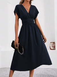 Lucyndra | V-Neck Pleated Waist Midi Dress
