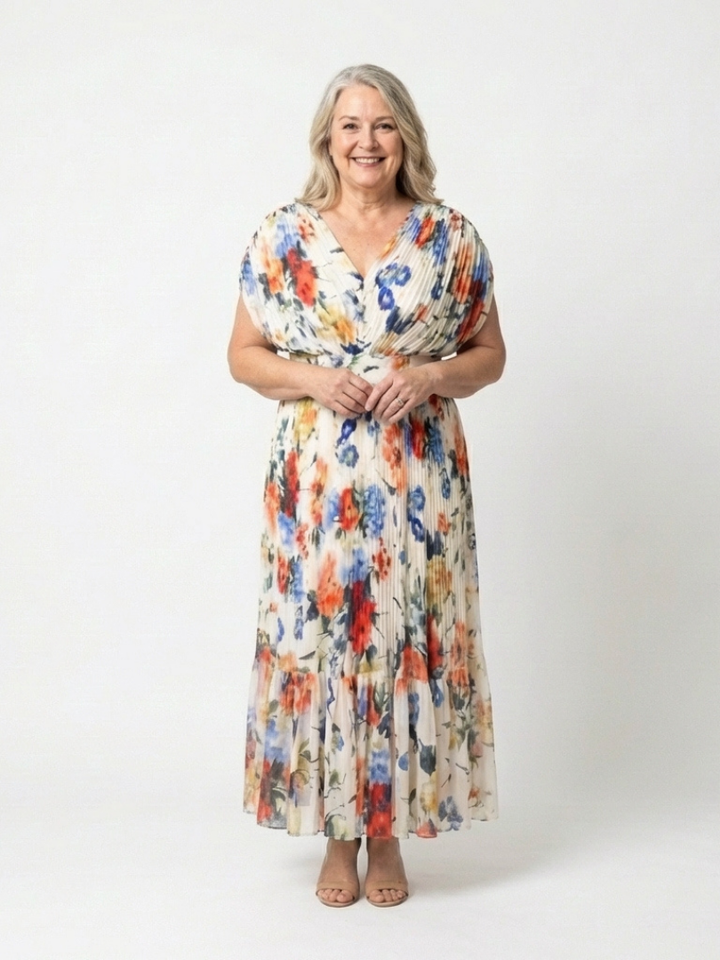Savannah - Short Sleeve Pleated Floral Midi Dress