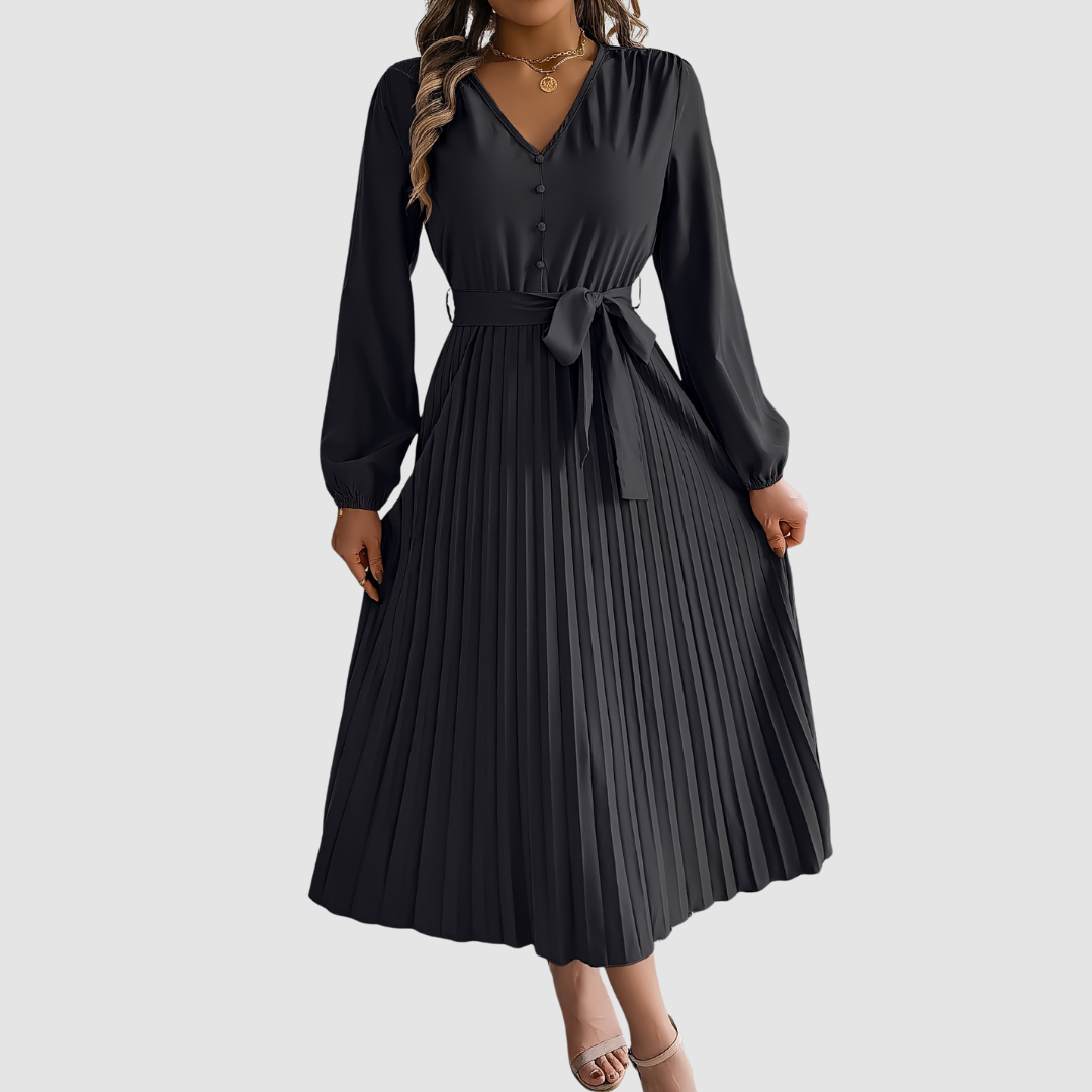 Celeste Bloom - Pleated Long-Sleeve Midi Dress