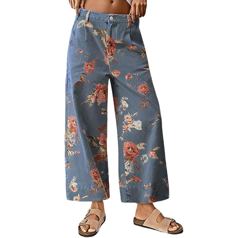 Pantalon large à taille haute floral décontracté