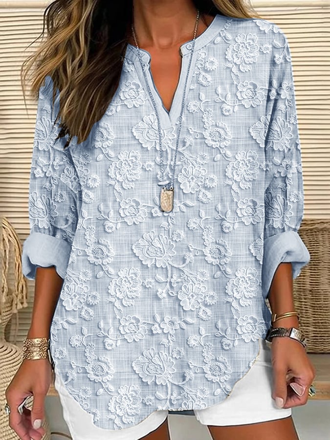 Liora | Blouse brodée fleurie – Col V élégant