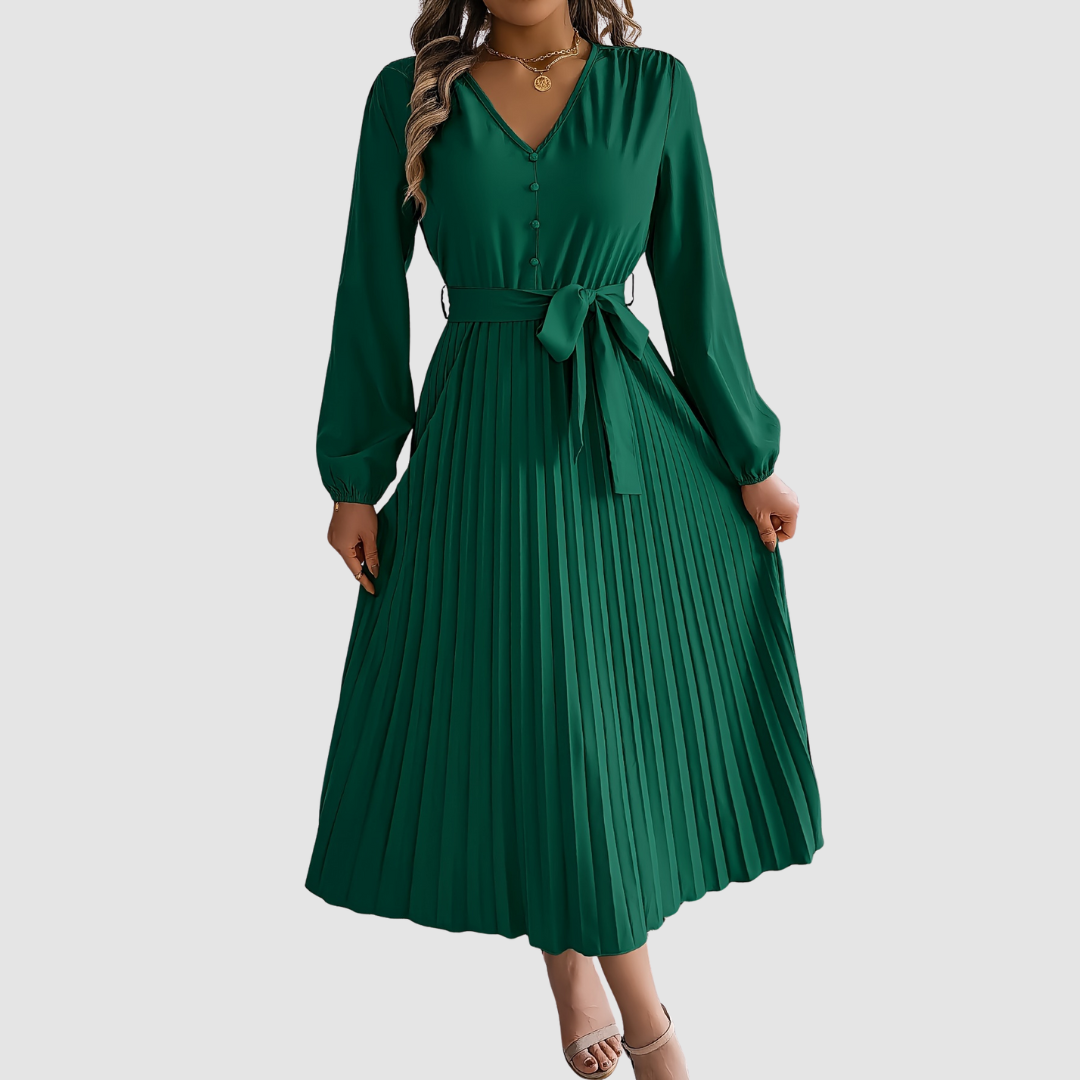 Celeste Bloom - Pleated Long-Sleeve Midi Dress