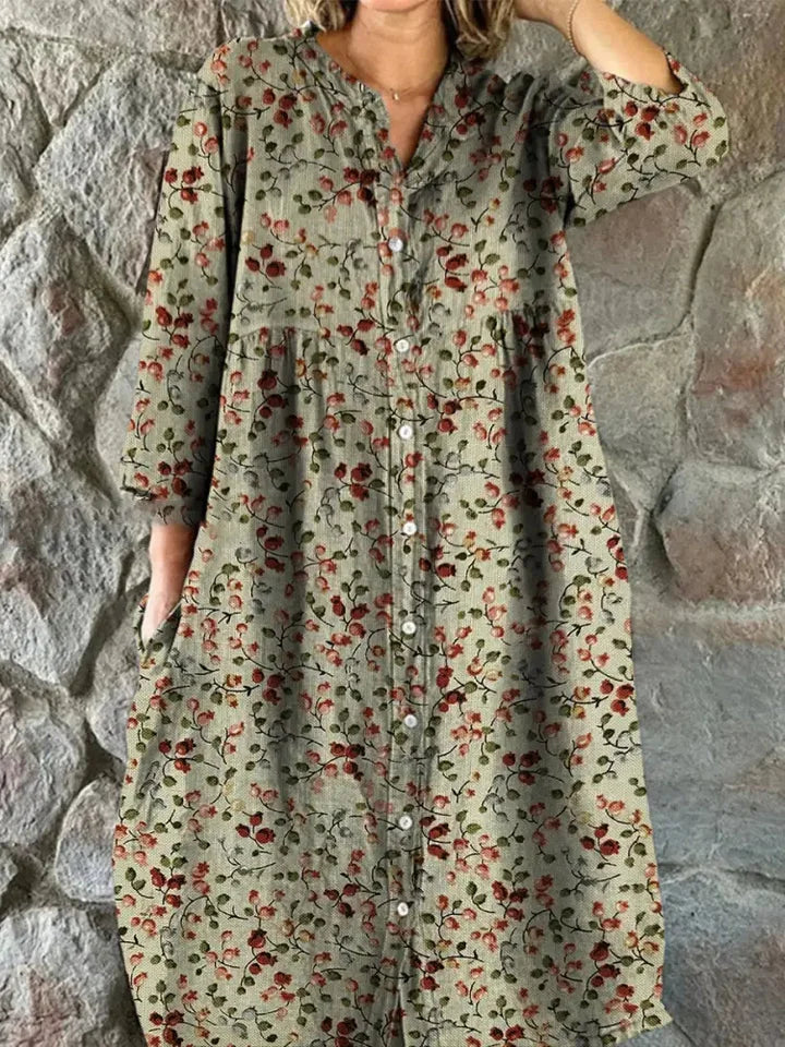 Auréline™ | Robe chemise florale rétro avec poches