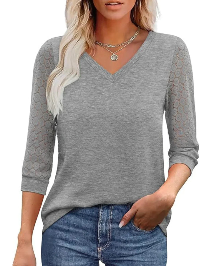 Blouse décontractée à manches en dentelle et décolleté en V