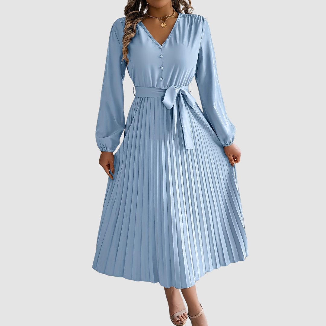 Celeste Bloom - Pleated Long-Sleeve Midi Dress