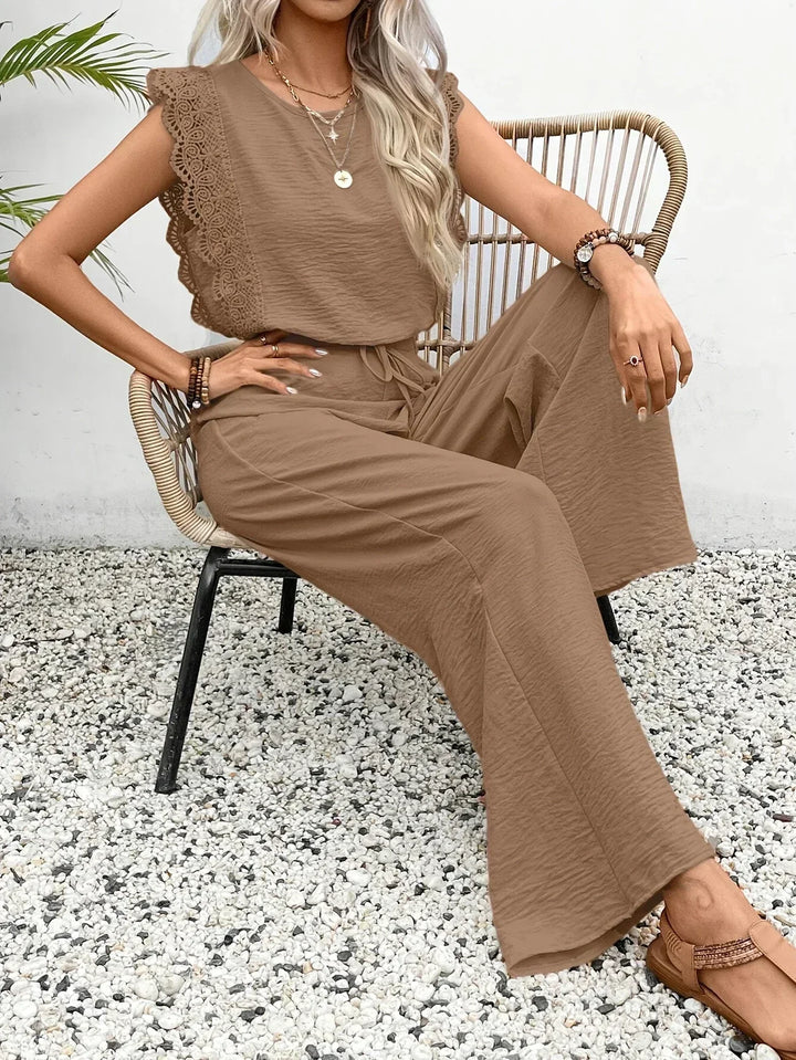 Zella™ Ensemble Élégant en Deux Pièces | Haut avec Dentelle et Pantalons à Jambes Amples