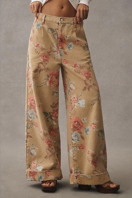 Pantalon large à taille haute floral décontracté