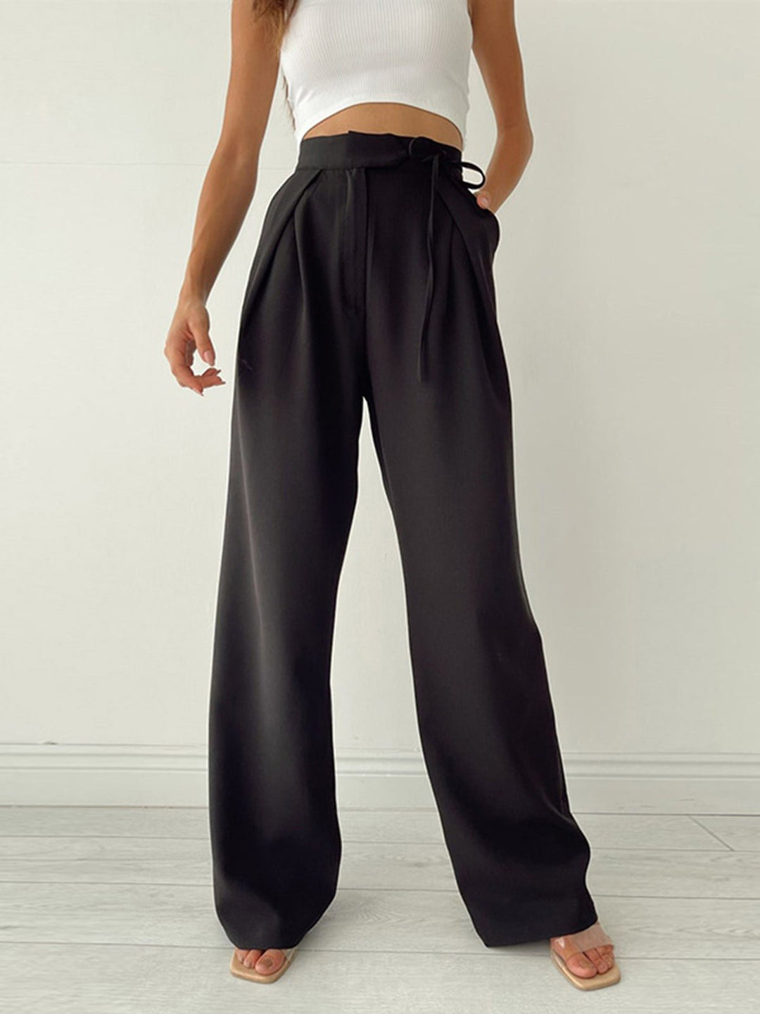 Pantalons Large à Taille Mi-haute | Détail à Lacets | Confort Décontracté