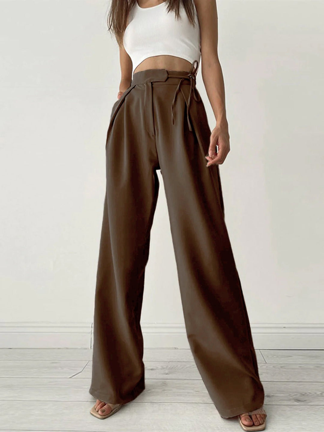 Pantalons Large à Taille Mi-haute | Détail à Lacets | Confort Décontracté