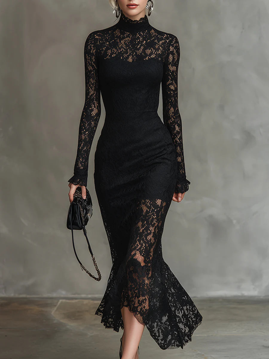 Robe maxi élégante en dentelle noire extensible