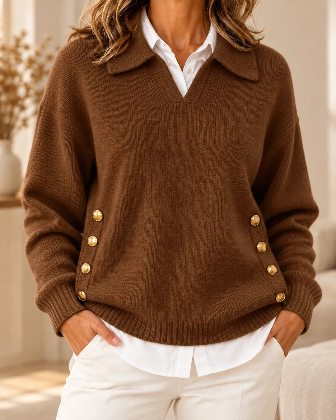 Erminia | Polo Neck Jumper with Gold Buttons