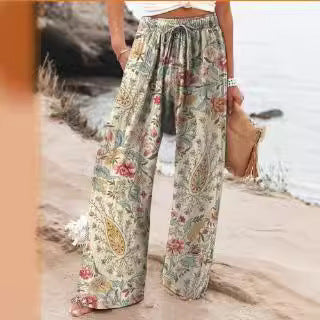 Pantalons Large en Fleurs Légers Taille Haute Confort