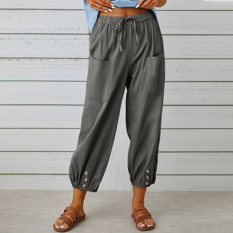 Pantalons en Coton Lin Femme Croppés à Coupe Lâche et Jambes Amples