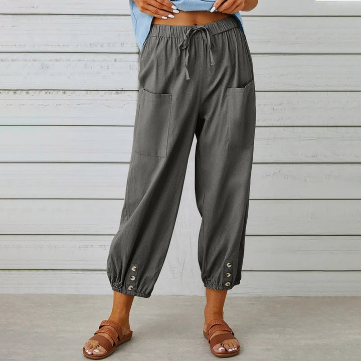 Pantalons en Coton Lin Femme Croppés à Coupe Lâche et Jambes Amples
