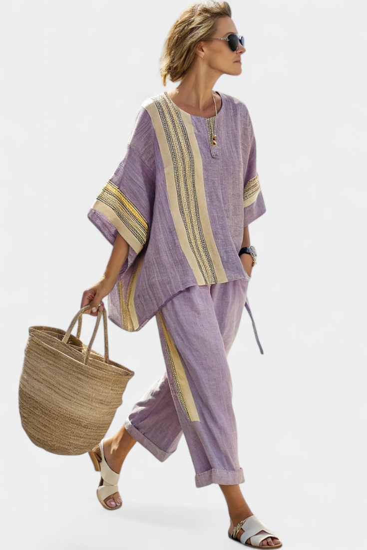 Alodia™ Ensemble Élégant en Deux Pièces | Haut Rayé et Pantalon Large