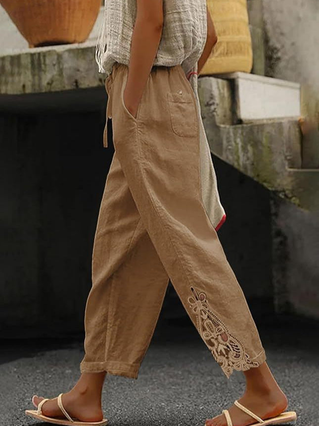 Pantalon droit taille haute en coton léger