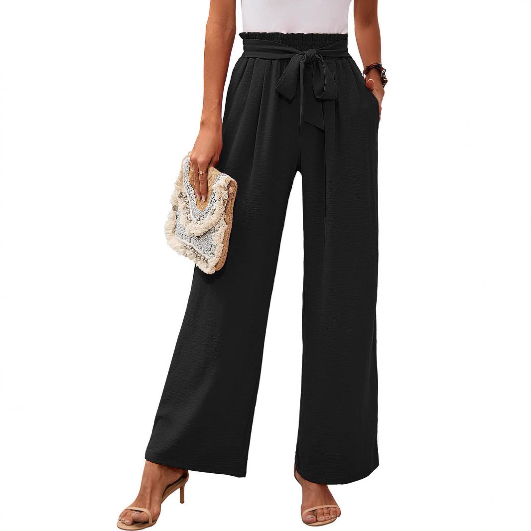 Pantalons larges taille haute pour femmes, taille à nouer douce