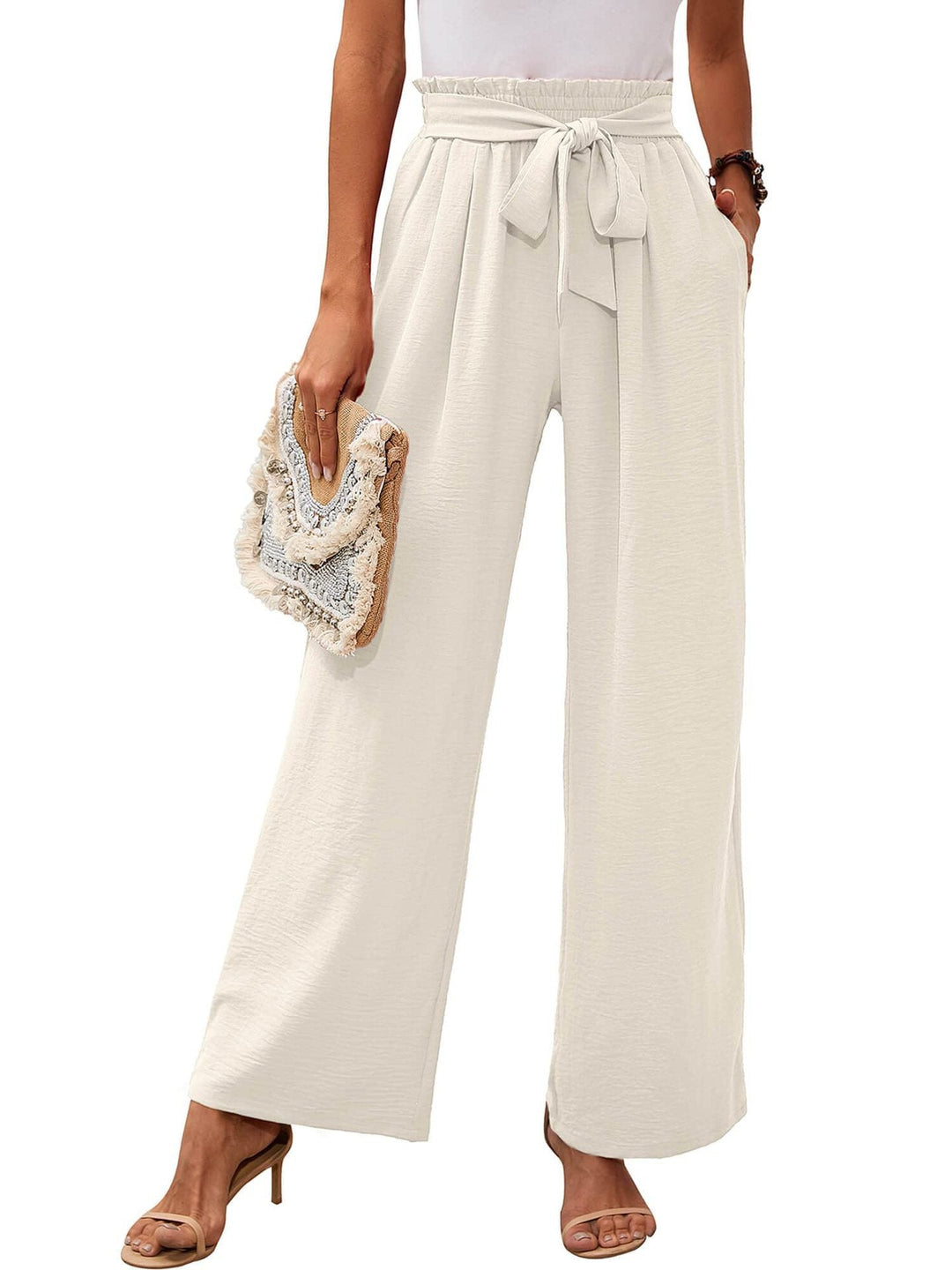 Pantalons larges taille haute pour femmes, taille à nouer douce
