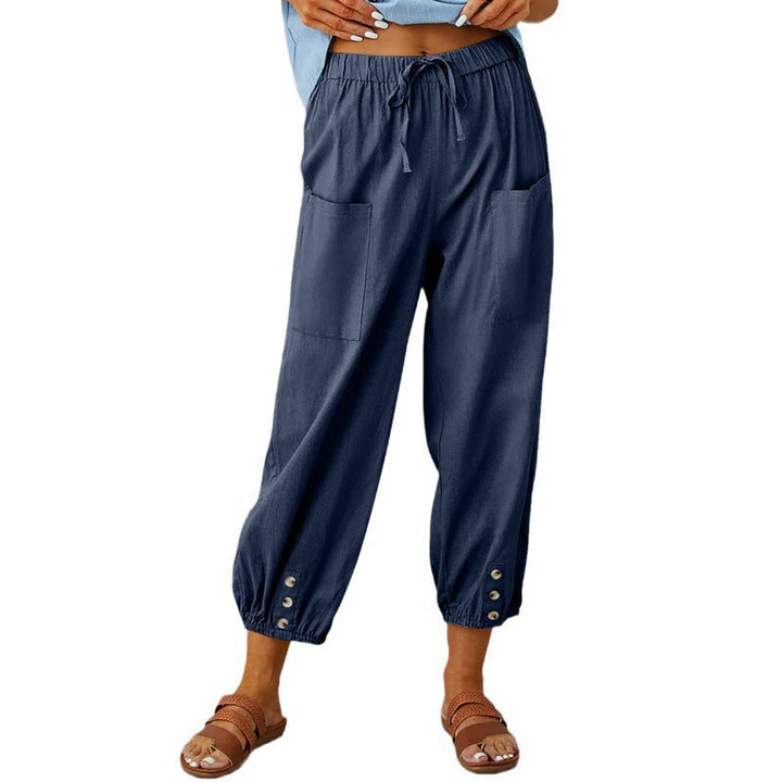 Pantalons en Coton Lin Femme Croppés à Coupe Lâche et Jambes Amples