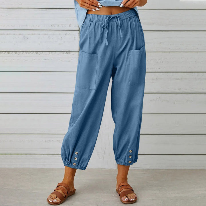 Pantalons en Coton Lin Femme Croppés à Coupe Lâche et Jambes Amples