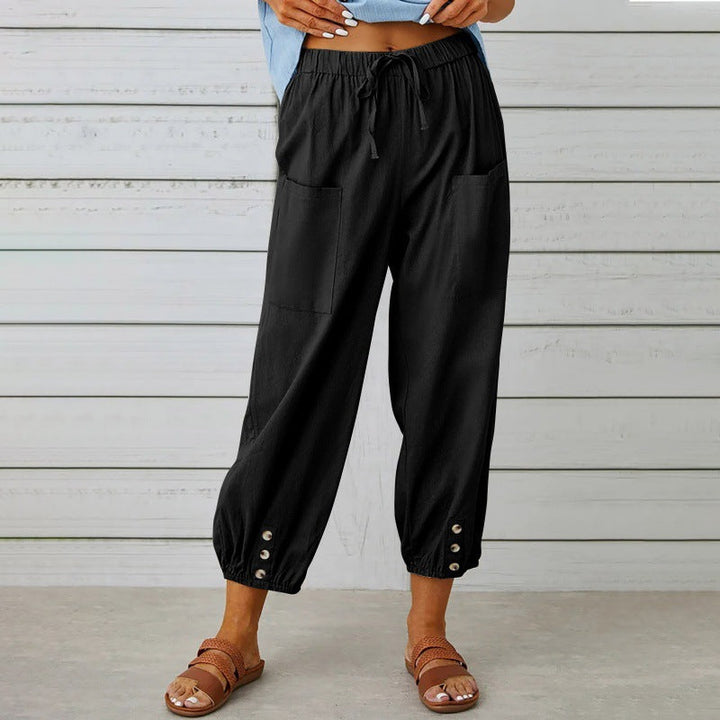 Pantalons en Coton Lin Femme Croppés à Coupe Lâche et Jambes Amples