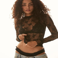 NOVY™ - Lace Mesh Long Sleeve Fitted Blouse