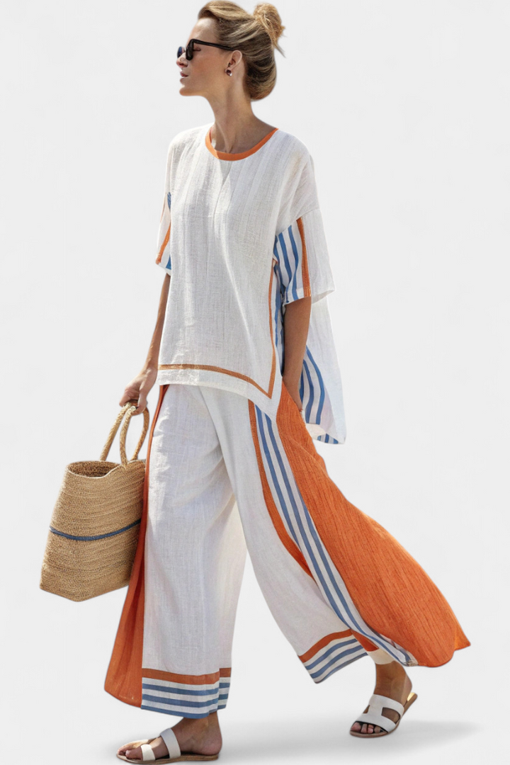 Alodia™ Ensemble Élégant en Deux Pièces | Haut Rayé et Pantalon Large