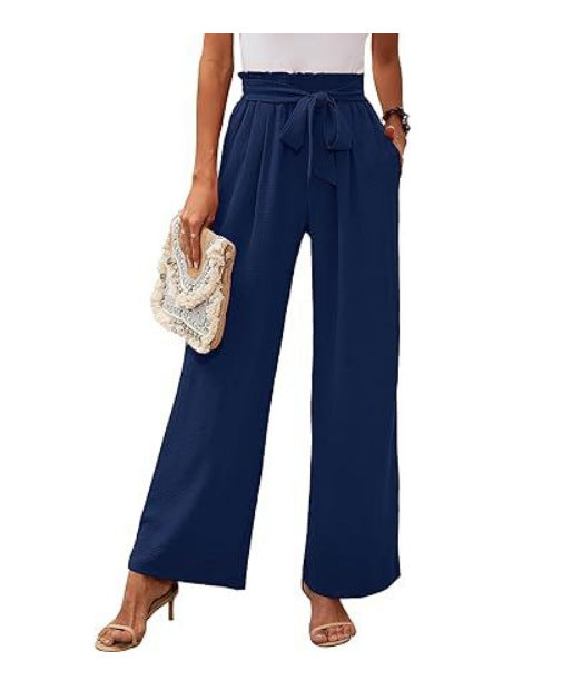 Pantalons larges taille haute pour femmes, taille à nouer douce