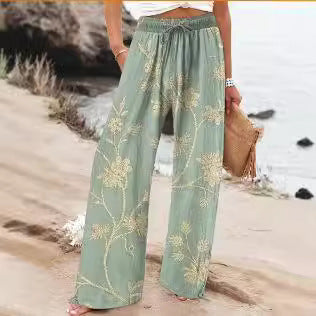 Pantalons Large en Fleurs Légers Taille Haute Confort
