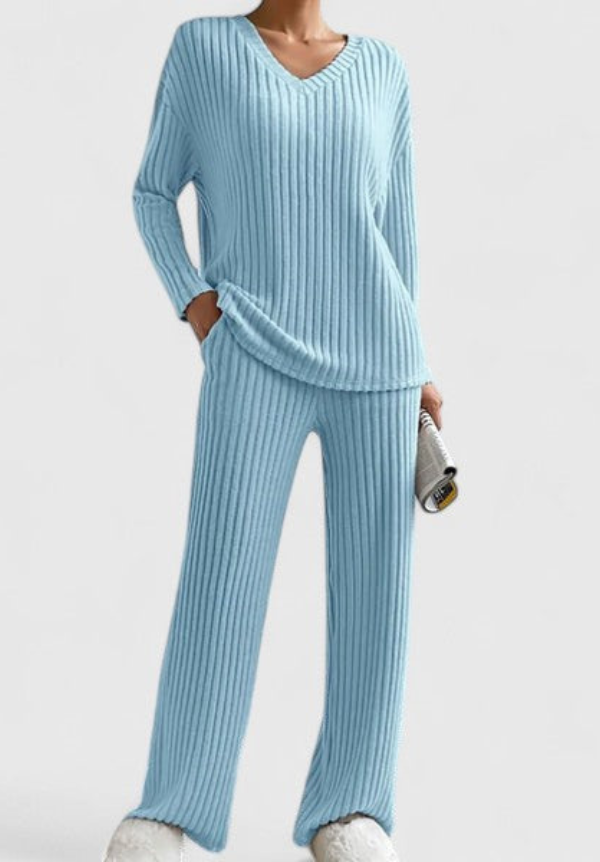Angeline™ Ensemble Confortable | Pull Col V et Pantalon Large à Côtes
