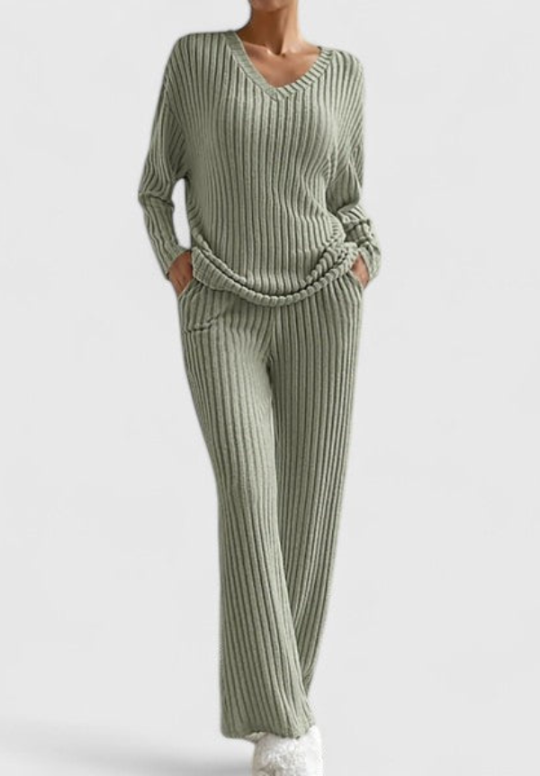 Angeline™ Ensemble Confortable | Pull Col V et Pantalon Large à Côtes