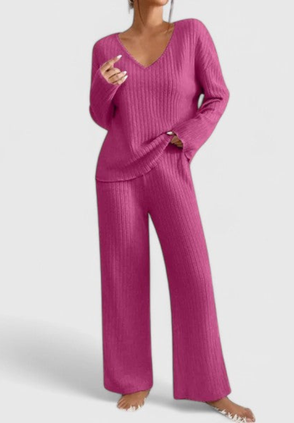 Angeline™ Ensemble Confortable | Pull Col V et Pantalon Large à Côtes
